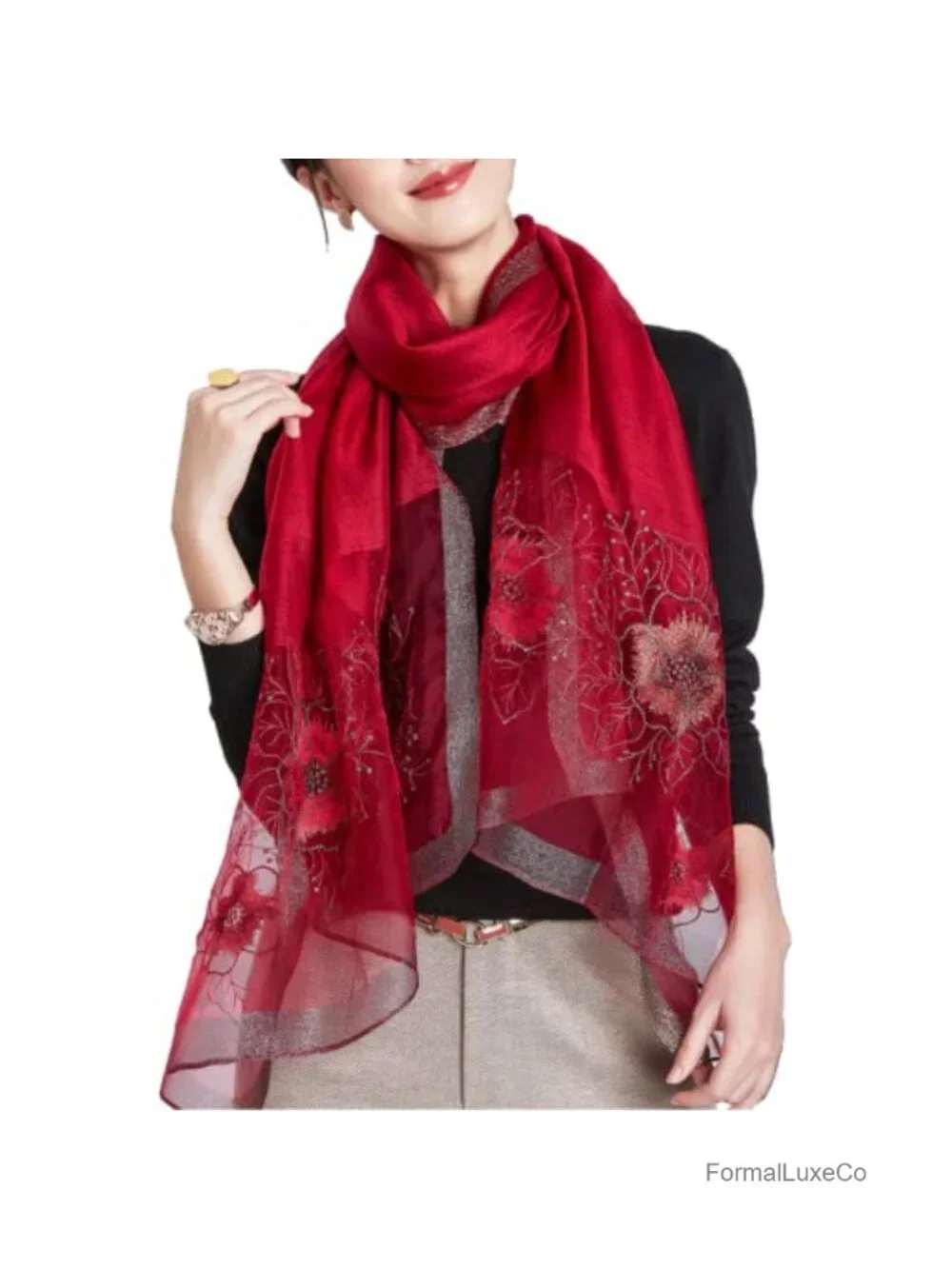 30% Silk 70% Acrylic Embroidered Floral Long Scarf Wrap Shawl